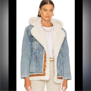 Free People Magnolia Cozy Denim Faux‎ Shearling Sherpa Jean Jacket Blue Small